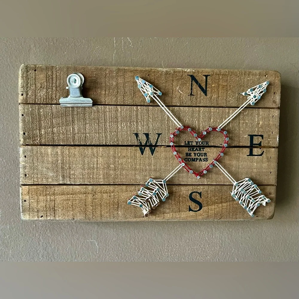 Rustic Wooden Compass Heart Wall Decor - Red and Natural